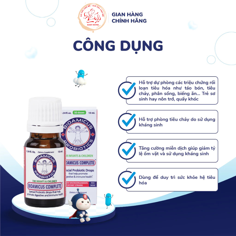 BioAmicus Complete 10 Chủng hỗ trợ cải thiện hệ vi sinh đường ruột - Men Vi Sinh Cho Bé chai 10ml+ quà