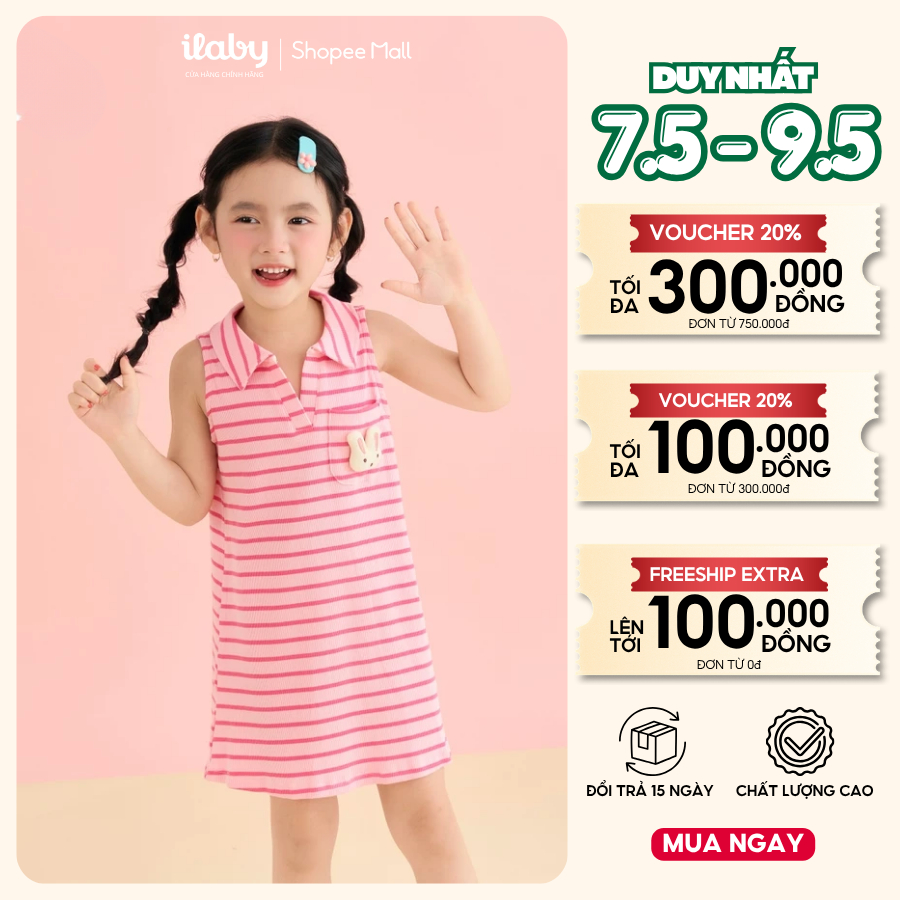 [ILABY 10-40kg] Váy polo bé gài, váy sát nách bé gái chất thun cotton kẻ ngang đính thỏ [3932]