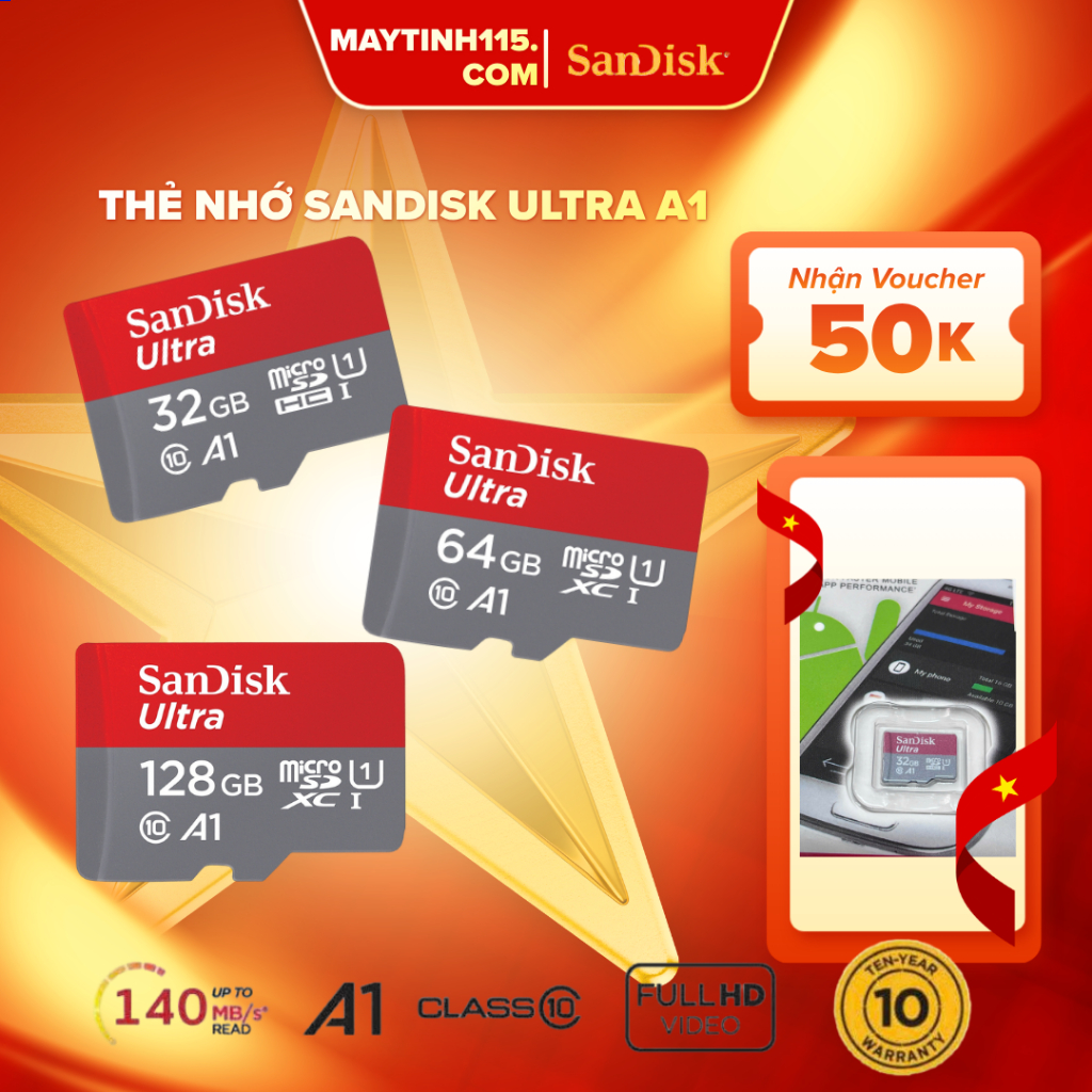 Thẻ Nhớ 128GB SanDisk Ultra MicroSDXC 140MB/s Cho Camera Wifi Hành Trình 70mai Điện Thoại Ghi Hình Siêu Nét Chính Hãng
