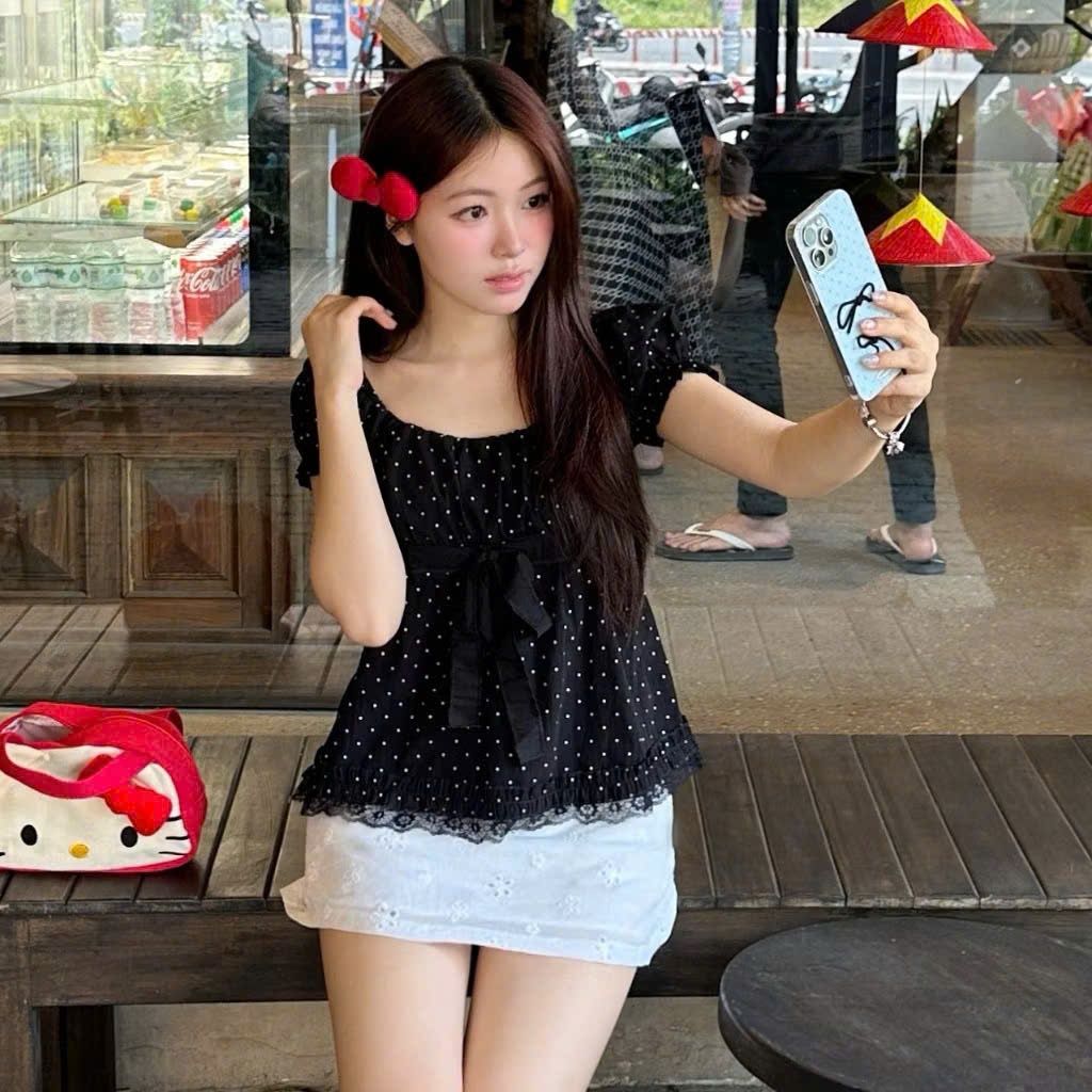 Áo kiểu tay bồng chấm bi đính nơ điệu đà, áo babydoll siêu xinh LABEL A137