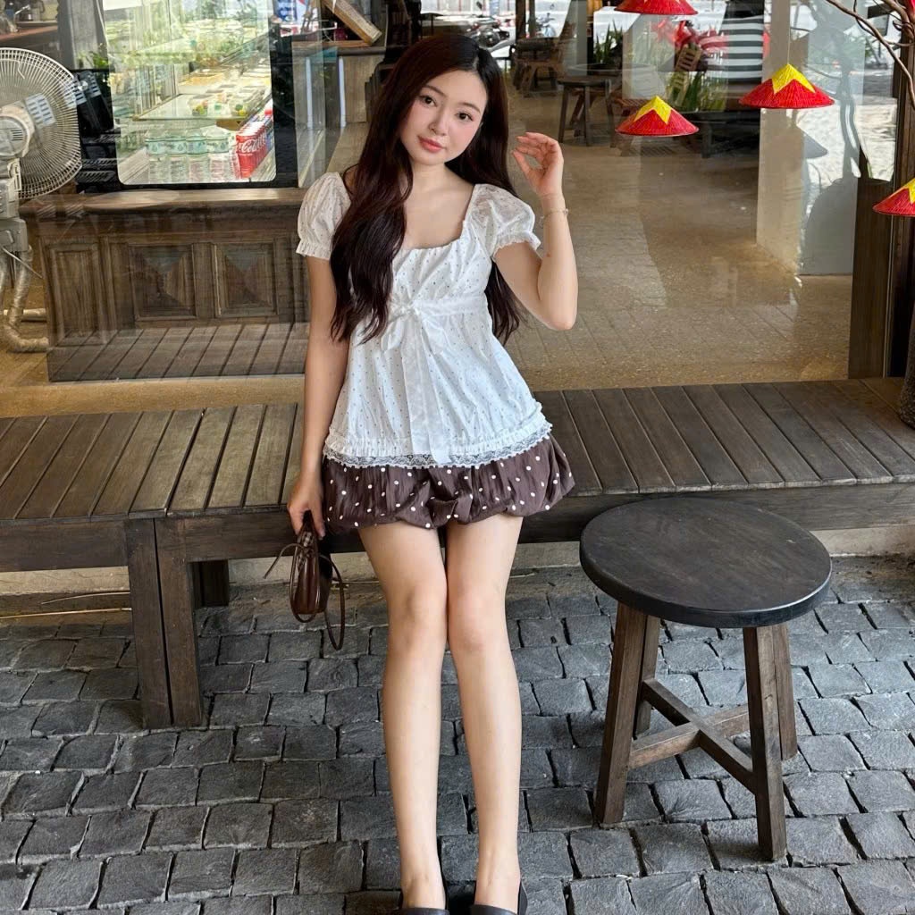 Áo kiểu tay bồng chấm bi đính nơ điệu đà, áo babydoll siêu xinh LABEL A137
