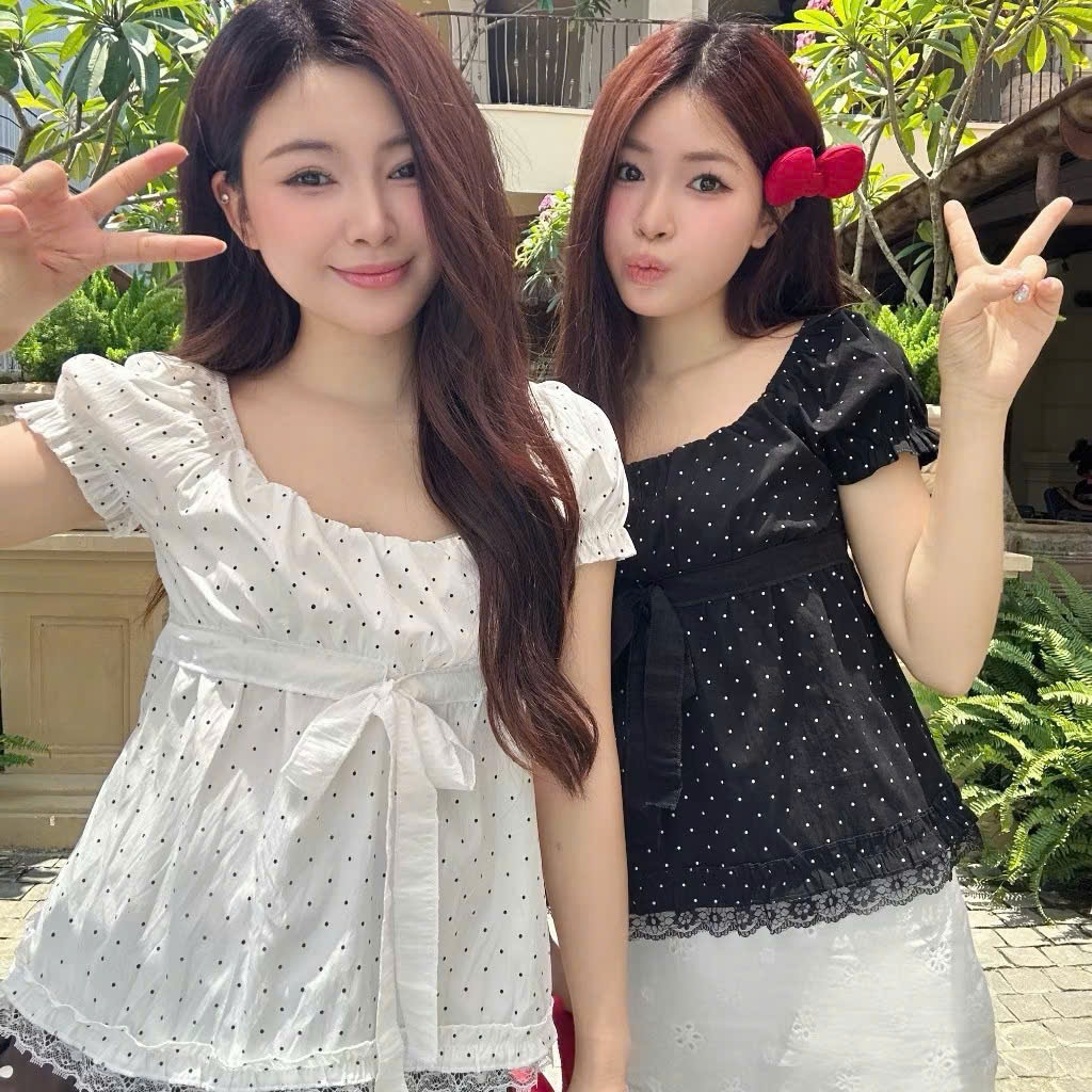 Áo kiểu tay bồng chấm bi đính nơ điệu đà, áo babydoll siêu xinh LABEL A137