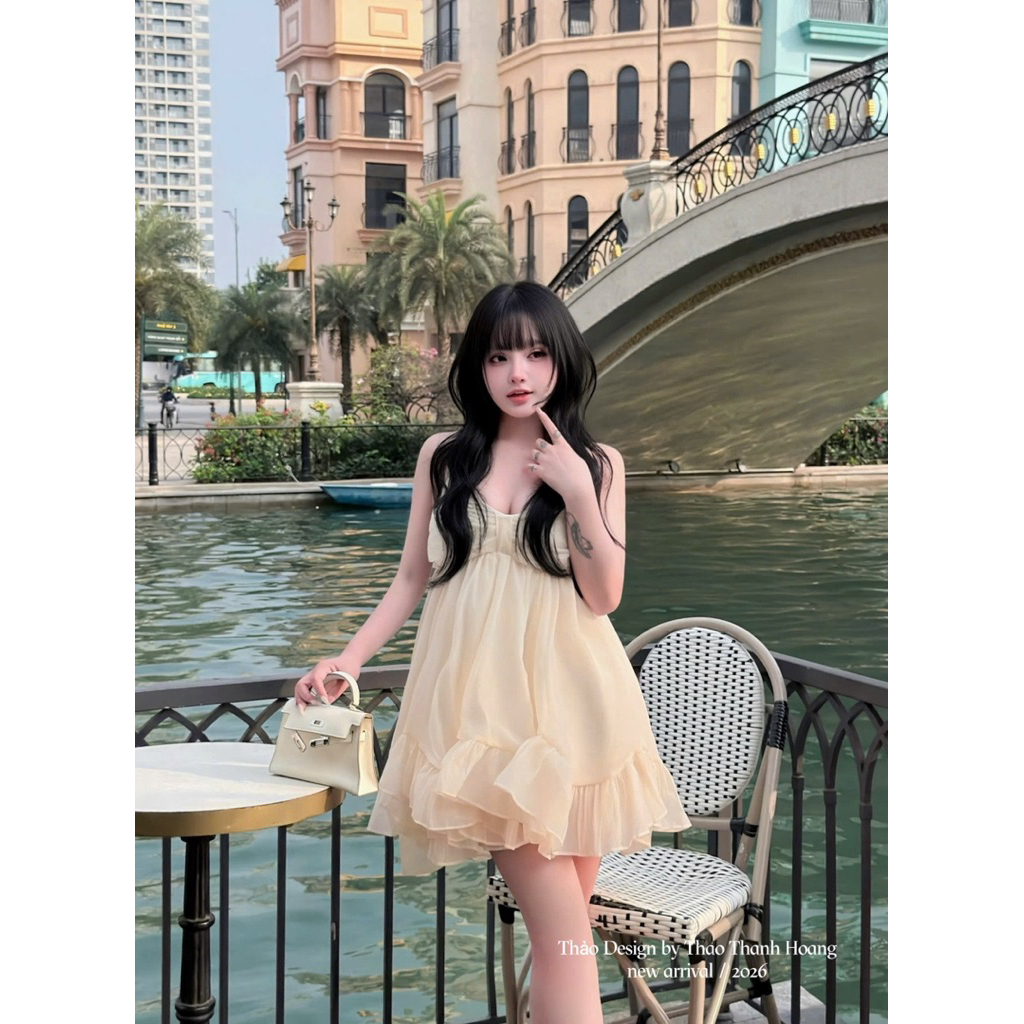 Váy tơ 2 dây chung lưng bánh bèo tiểu thư