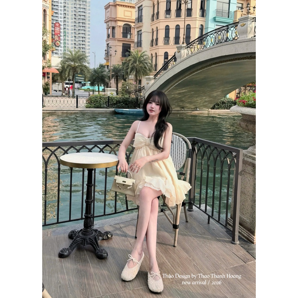 Váy tơ 2 dây chung lưng bánh bèo tiểu thư