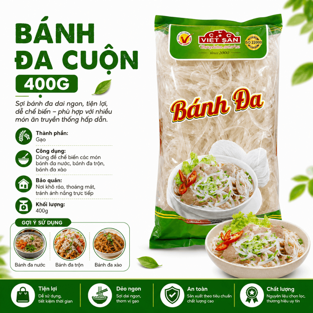 Bánh Đa Cuộn Khô Việt San 400g - Sợi Dai Thơm Nguyên Chất Nấu Lẩu Xào Tiện Lợi