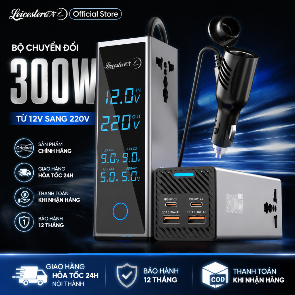 [Flash Sale] Màn hình lớn Bộ biến tần ô tô 300W Chuyển 12V /220V LCD cảm ứng 1 chạm 6 cổng sạc nhanh