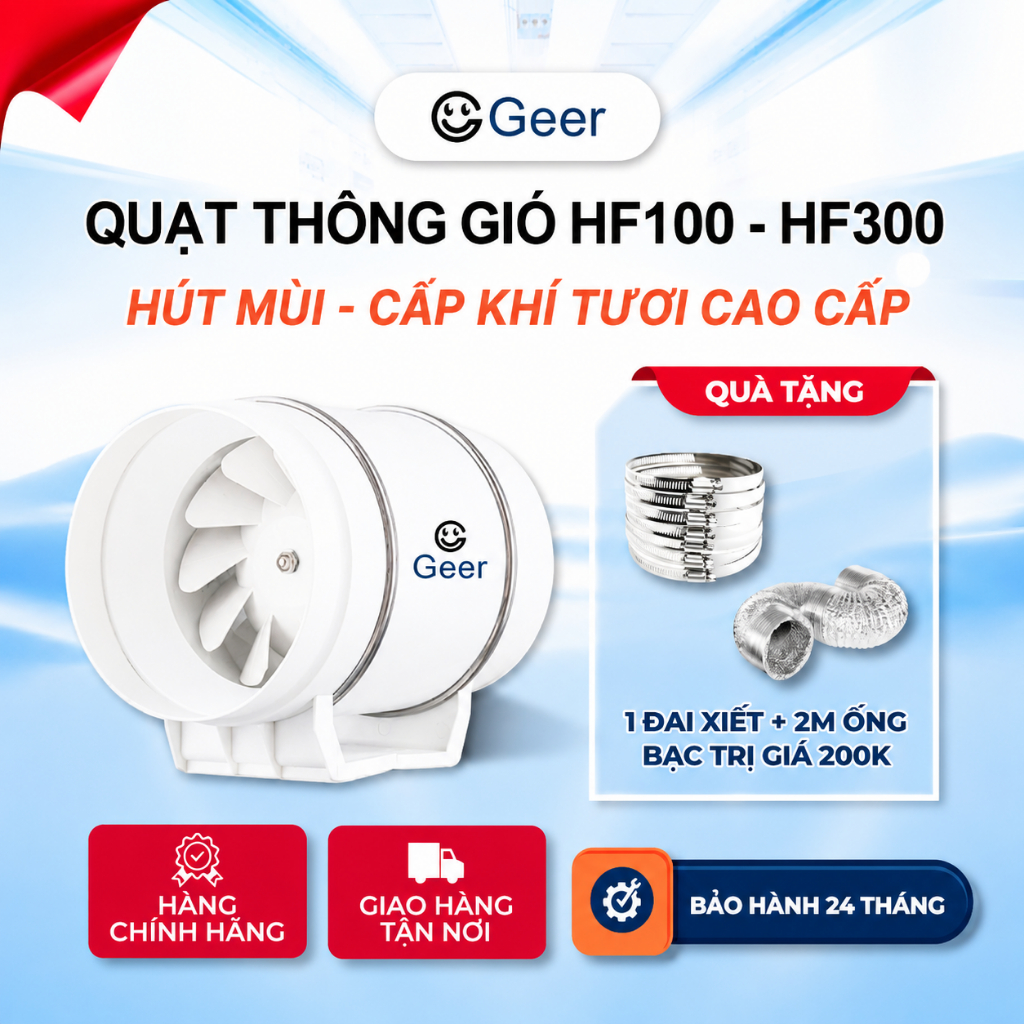 Quạt hút mùi bếp GEER HF100-HF300 chính hãng, quạt thông gió hút khói công suất lớn tiết kiệm điện nhà bếp