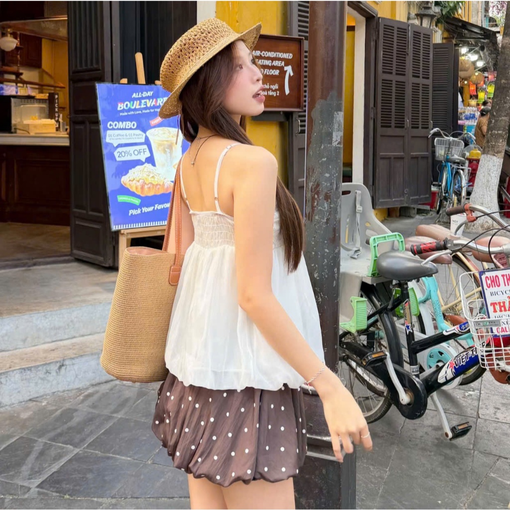 Áo hai dây dáng bí, áo kiểu cúp ngực phối tơ bồng hai lớp mỏng nhẹ LABEL A138