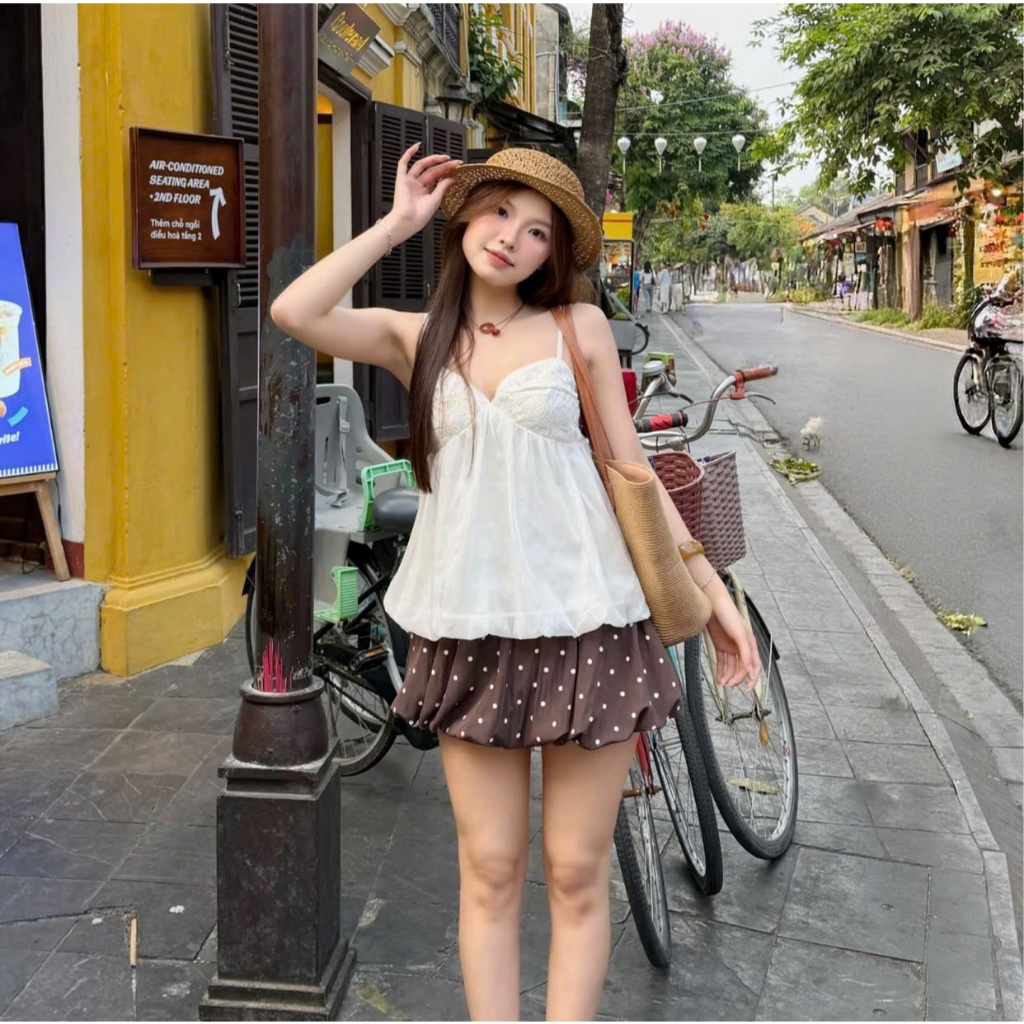 Áo hai dây dáng bí, áo kiểu cúp ngực phối tơ bồng hai lớp mỏng nhẹ LABEL A138