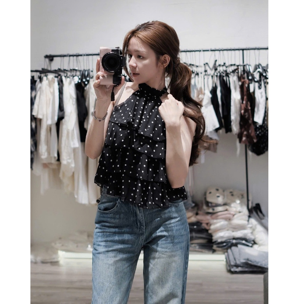 EMLY - Áo Yếm Buộc Cổ Chấm Bi Tầng Nữ, Áo Yếm Voan Tầng Xòe Đi Biển Siêu Hot Mùa Hè 2026