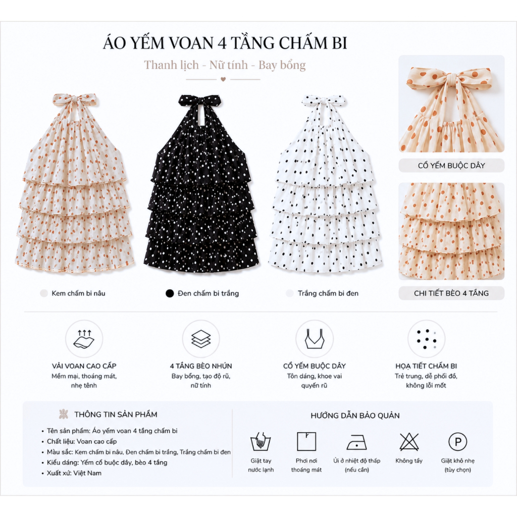EMLY - Áo Yếm Buộc Cổ Chấm Bi Tầng Nữ, Áo Yếm Voan Tầng Xòe Đi Biển Siêu Hot Mùa Hè 2026