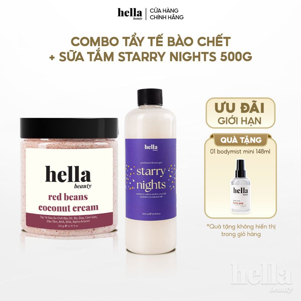 Combo Tẩy tế bào chết cho body Hella Beauty + Sữa tắm dưỡng ẩm mịn sạch sâu cho da Hella Beauty