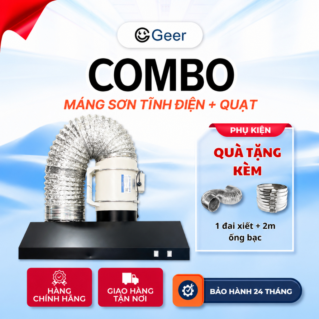 Combo hút khói bếp GEER sơn tĩnh điện chính hãng, máng hút khói kèm quạt hút mùi thông gió công suất lớn chạy êm