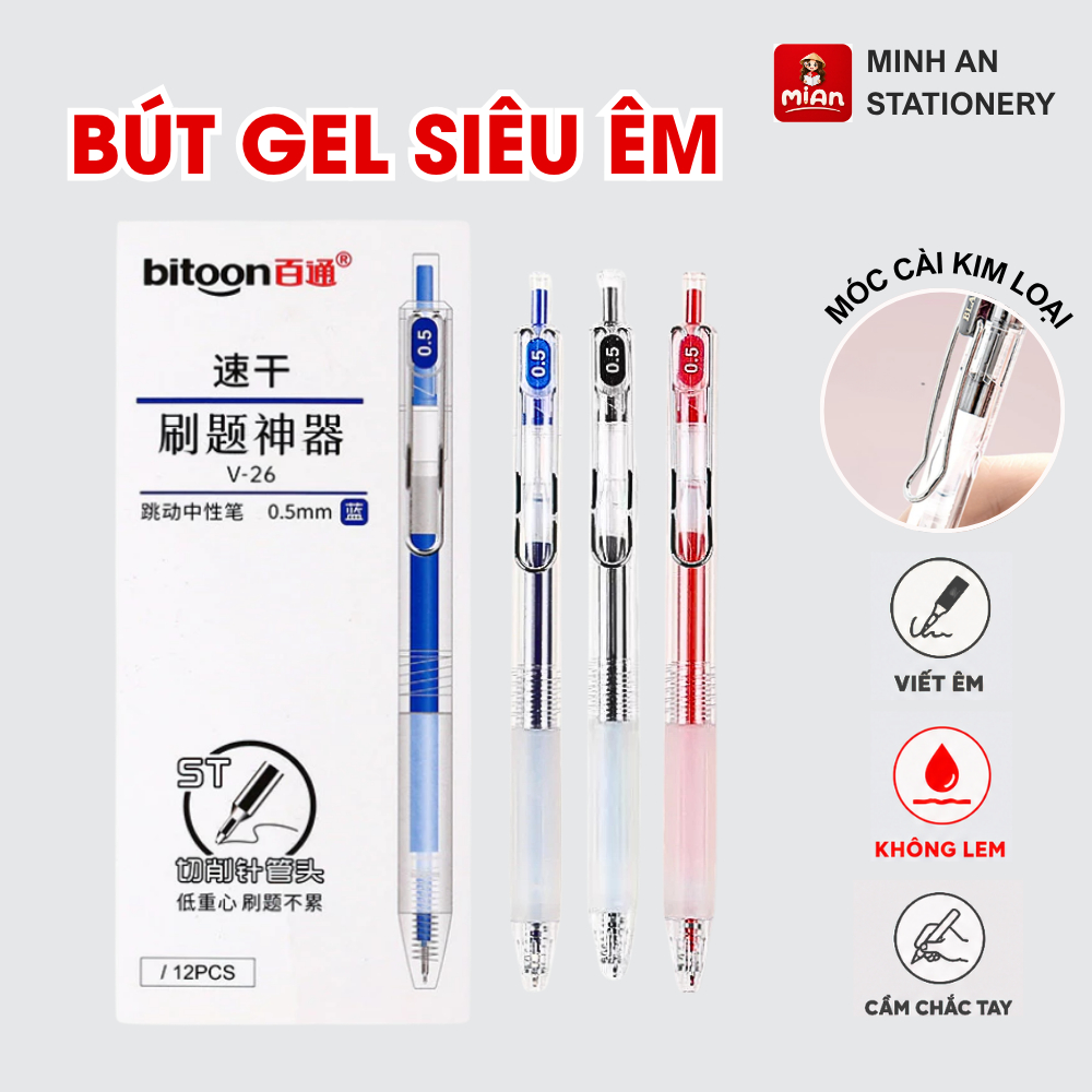 Bút nước mực gel nhanh khô ngòi 0.5mm Bitoon v26 dành cho học sinh văn ...