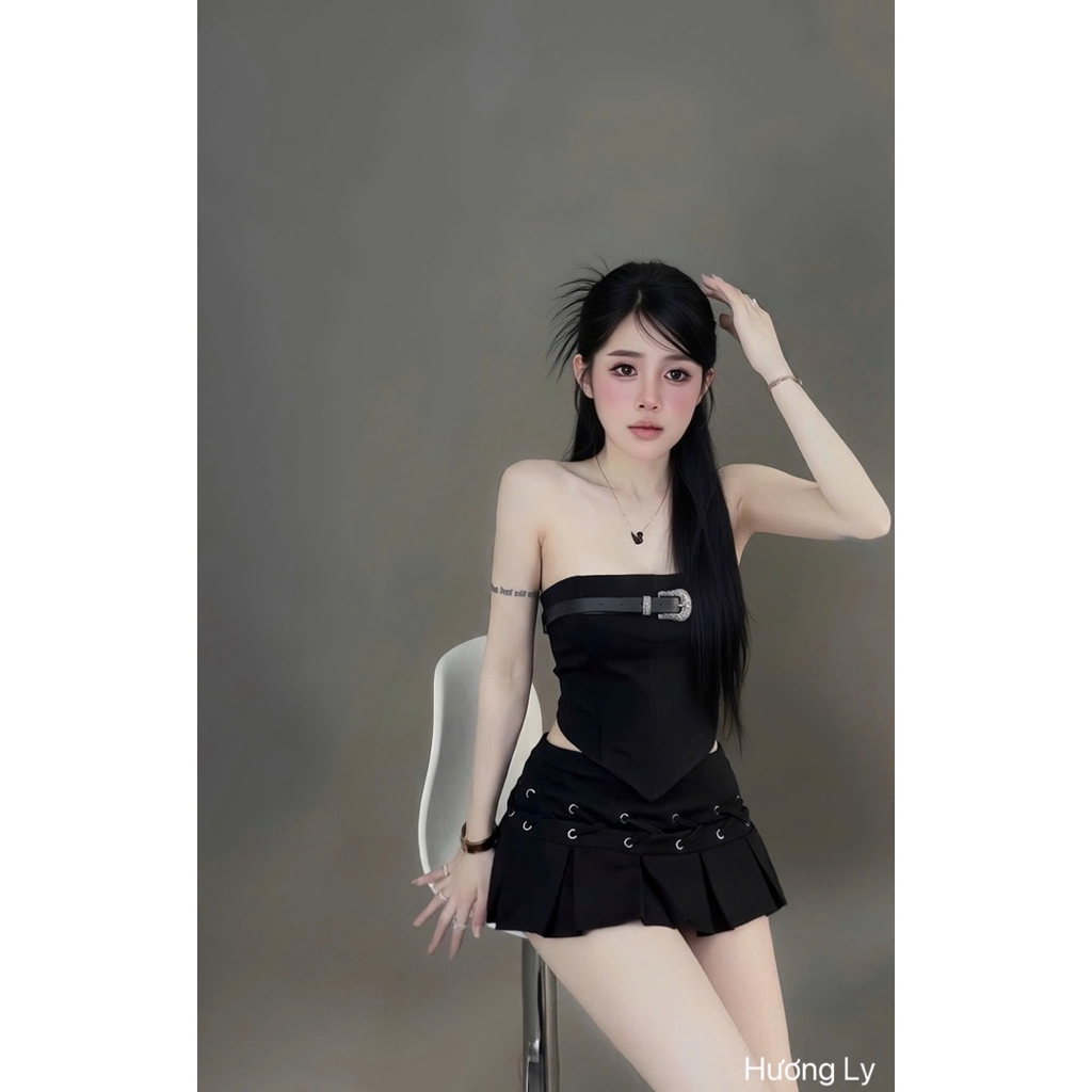 Set áo quây đai ngực chân váy đan dây oze