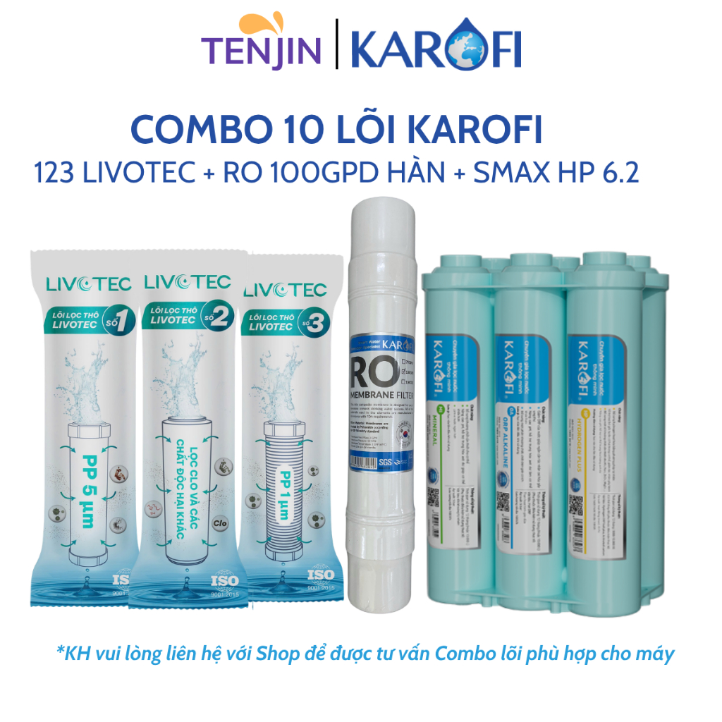 Combo 10 Lõi Lọc Karofi Sử Dụng 123 Livotec, Màng RO 100GPD Membrane Hàn Quốc Và Bộ Hiệu Suất Cao Smax HP 6.2