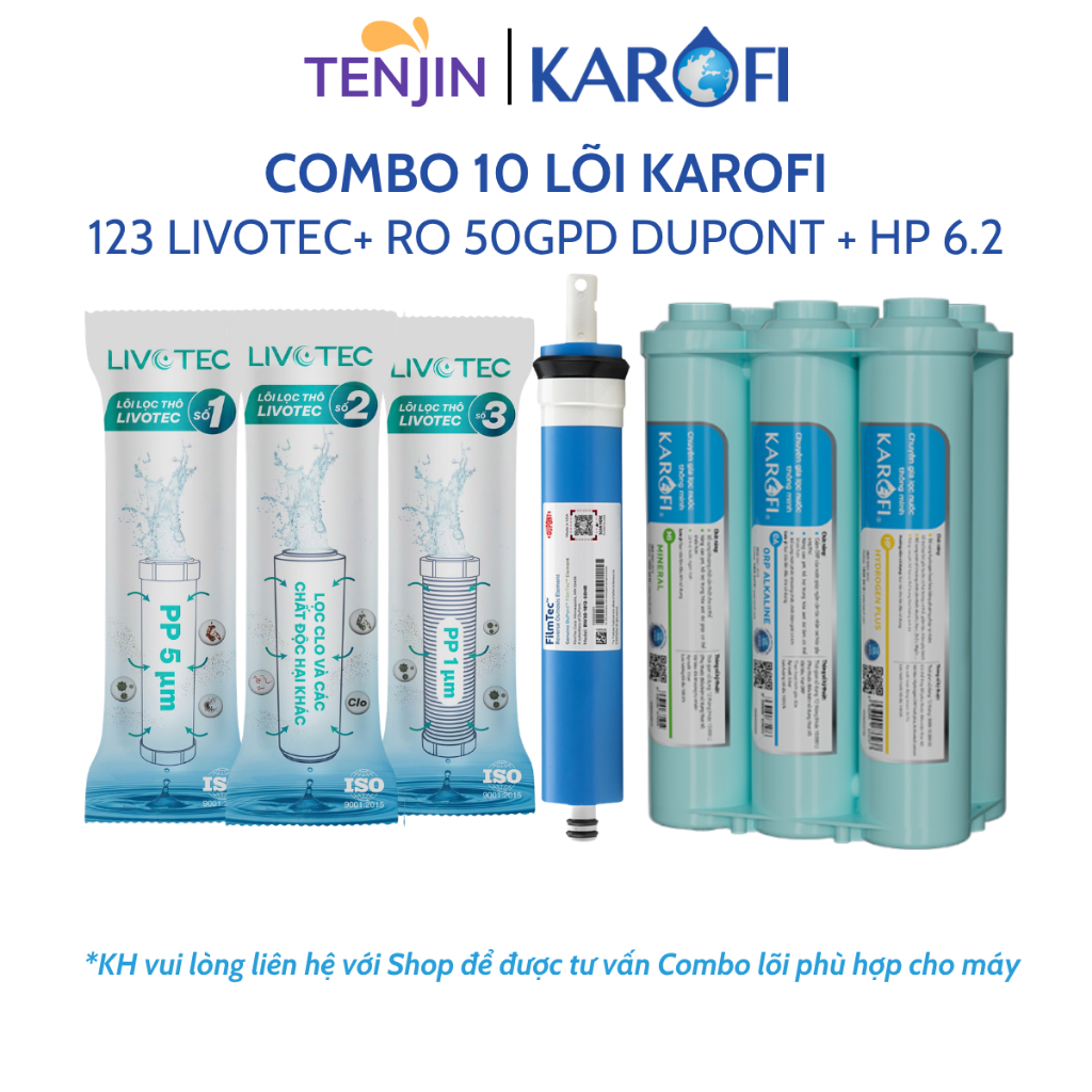 Combo 10 Lõi Lọc Karofi Sử Dụng 123 Livotec, Màng RO 50GPD Dupont Mỹ Và Bộ Hiệu Suất Cao Smax HP 6.2