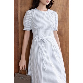 SWANLAKE | Váy Đầm Nữ Xòe Chiết Eo Tôn Dáng Vải Cotton Linen Sọc Cổ Tròn Tay Ngắn Thanh Lịch D13711