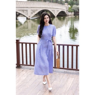 SWANLAKE | Váy Đầm Nữ Xòe Chiết Eo Tôn Dáng Vải Cotton Linen Sọc Cổ Tròn Tay Ngắn Thanh Lịch D13711