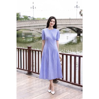 SWANLAKE | Váy Đầm Nữ Xòe Chiết Eo Tôn Dáng Vải Cotton Linen Sọc Cổ Tròn Tay Ngắn Thanh Lịch D13711