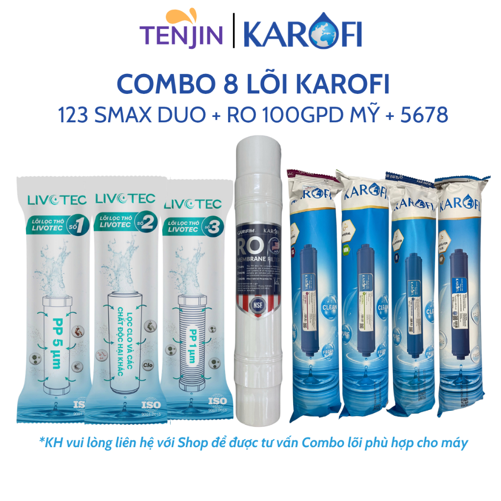 Combo 8 Lõi Lọc Nước Karofi Gồm Lõi 123 Livotec - Màng RO Đúc 100GPD Cắm Nhanh - Lõi Chức Năng T33 Mineral Far Nano