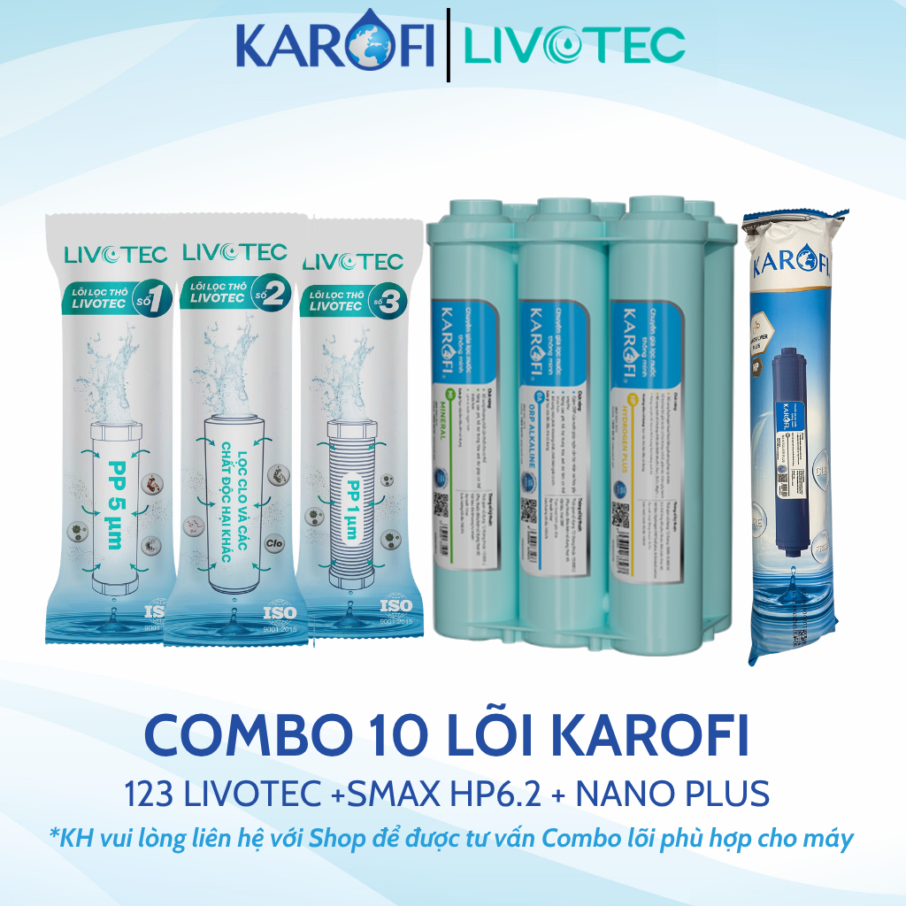 Bộ 11 lõi lọc nước Karofi chính hãng cho máy lọc nước Karofi KAD-D66 (123, RO 100 Mỹ, HP6.2, Nano)