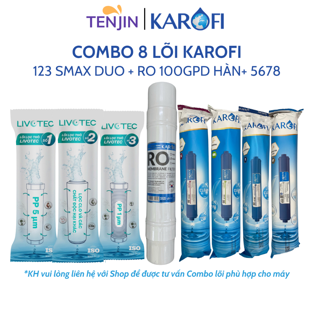 Combo 8 Lõi Lọc Nước Karofi Gồm Lõi 123 Livotec - Màng RO Đúc 100GPD Cắm Nhanh - Lõi Chức Năng T33 Mineral Far Nano