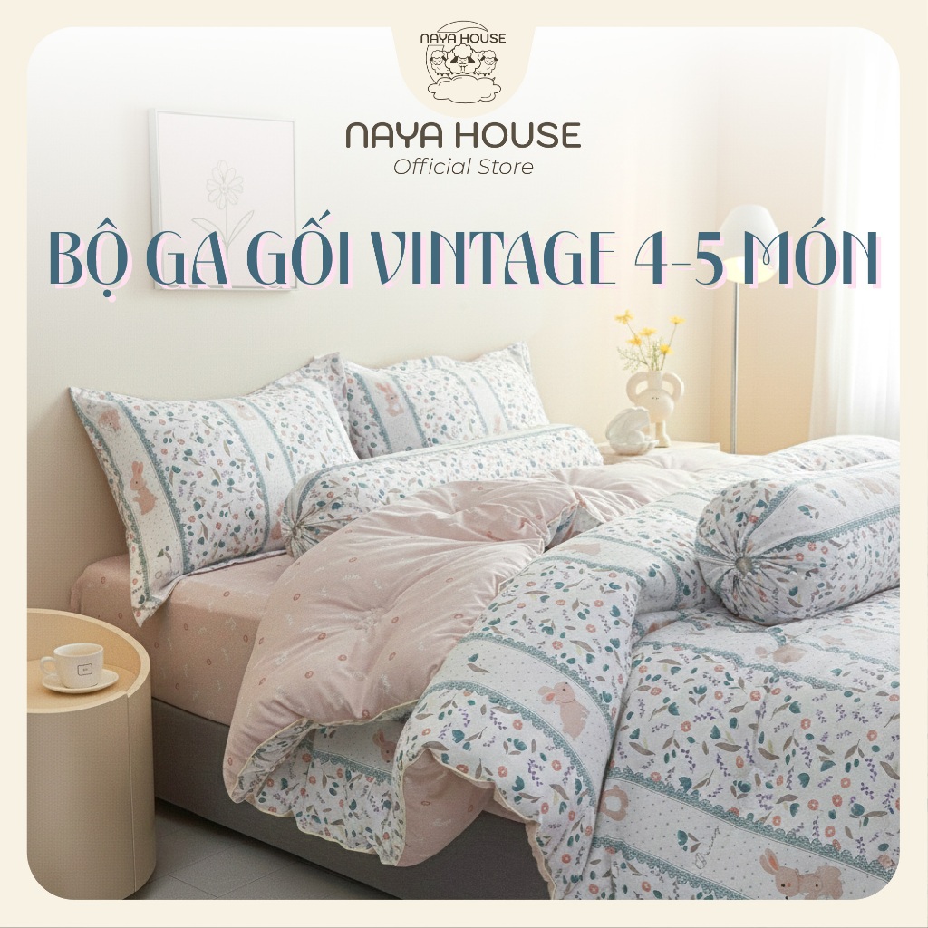 Bộ chăn ga gối họa tiết Vintage Naya House mềm mịn ấm chăn chần bông dày dặn chất liệu cao cấp BC02