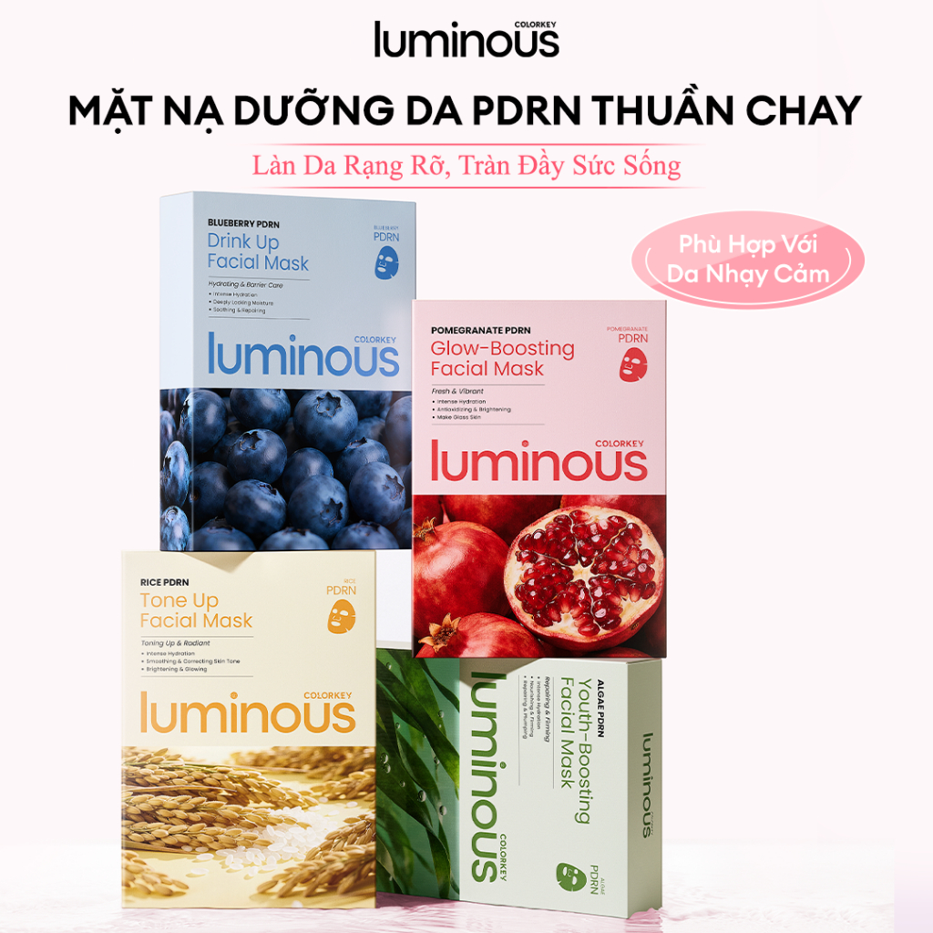 Mặt Nạ COLORKEY LUMINOUS | Vitamin B5/ Vitamin B3/ Trà xanh/ PDRN| Hỗ trợ dưỡng ẩm, sáng da, giảm dầu mụn| 10 miếng/Hộp