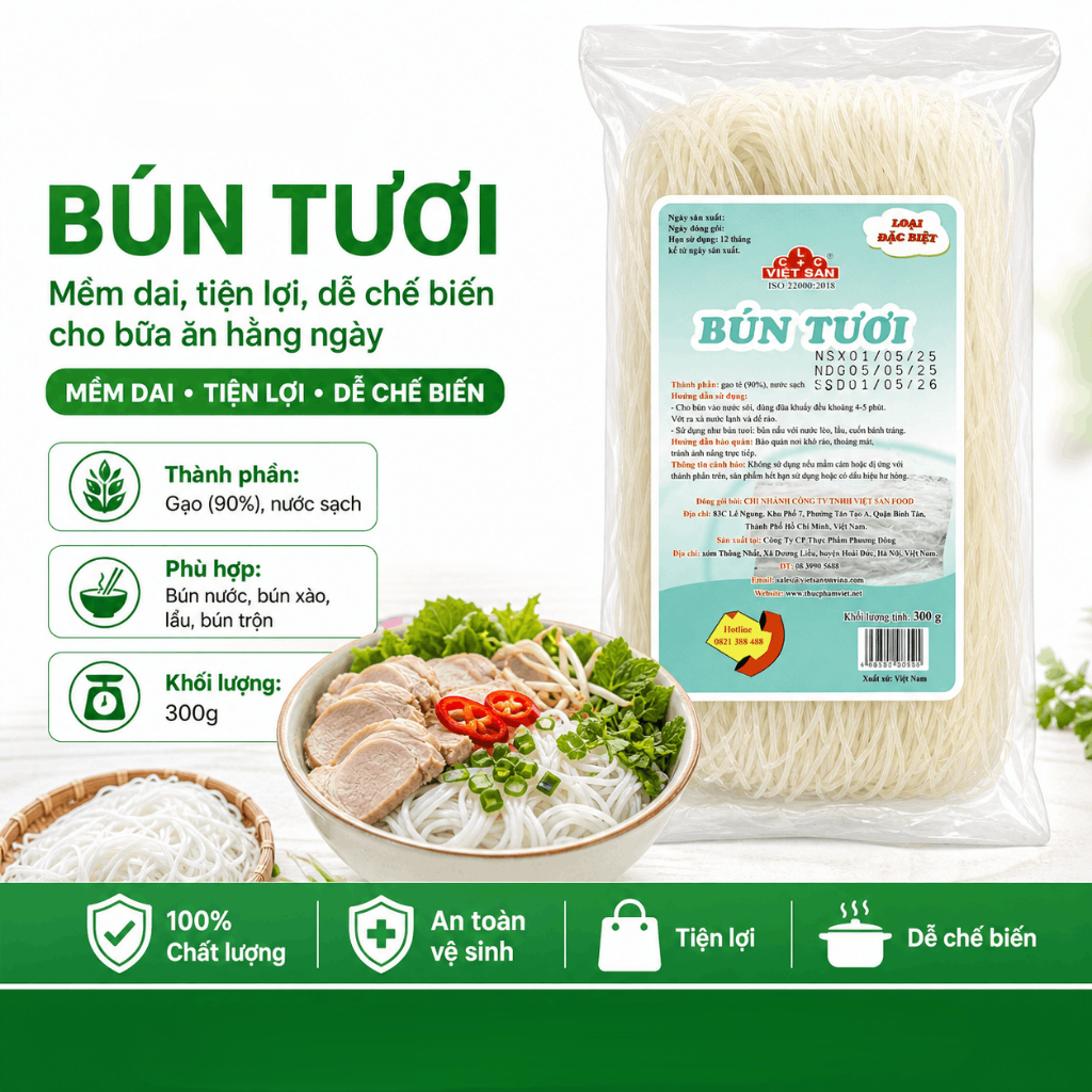 Bún Tươi Sấy Khô Việt San 300g - Sợi Trắng Dai Mềm Tự Nhiên Nấu Canh, Xào, Ăn Lẩu Tiện Lợi