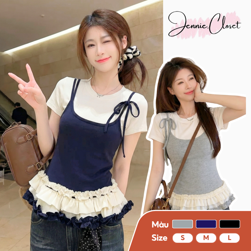 (Sẵn hàng) Áo Thun Ngắn Tay Phối Màu Xòe Tầng Kết Hợp Áo Hai Dây Thắt Nơ Dễ Thương A42 | BigBuy360 - bigbuy360.vn