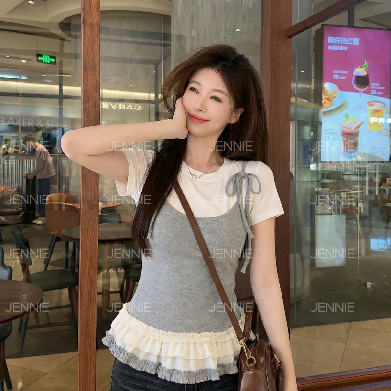 (Sẵn hàng) Áo Thun Ngắn Tay Phối Màu Xòe Tầng Kết Hợp Áo Hai Dây Thắt Nơ Dễ Thương A42 | BigBuy360 - bigbuy360.vn