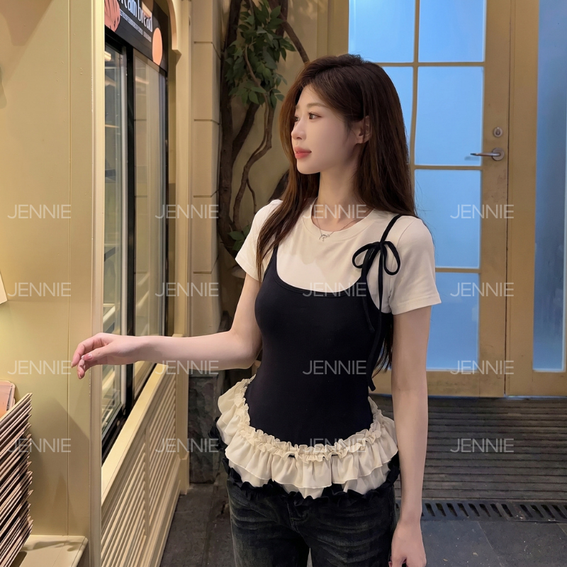 (Sẵn hàng) Áo Thun Ngắn Tay Phối Màu Xòe Tầng Kết Hợp Áo Hai Dây Thắt Nơ Dễ Thương A42 | BigBuy360 - bigbuy360.vn