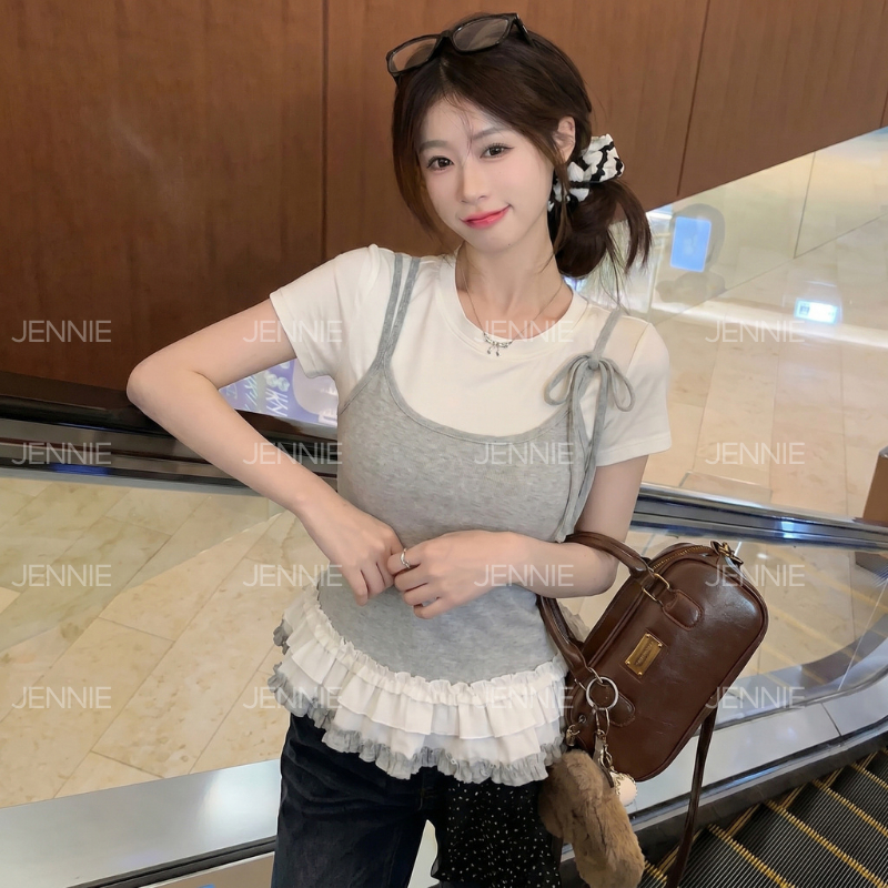 (Sẵn hàng) Áo Thun Ngắn Tay Phối Màu Xòe Tầng Kết Hợp Áo Hai Dây Thắt Nơ Dễ Thương A42 | BigBuy360 - bigbuy360.vn