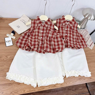 Đồ bộ bé gái, Set áo sơ mi kẻ đỏ kèm quần đũi bèo mềm mát cho bé mặc đi chơi, đi học