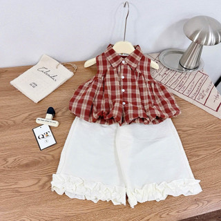 Đồ bộ bé gái, Set áo sơ mi kẻ đỏ kèm quần đũi bèo mềm mát cho bé mặc đi chơi, đi học