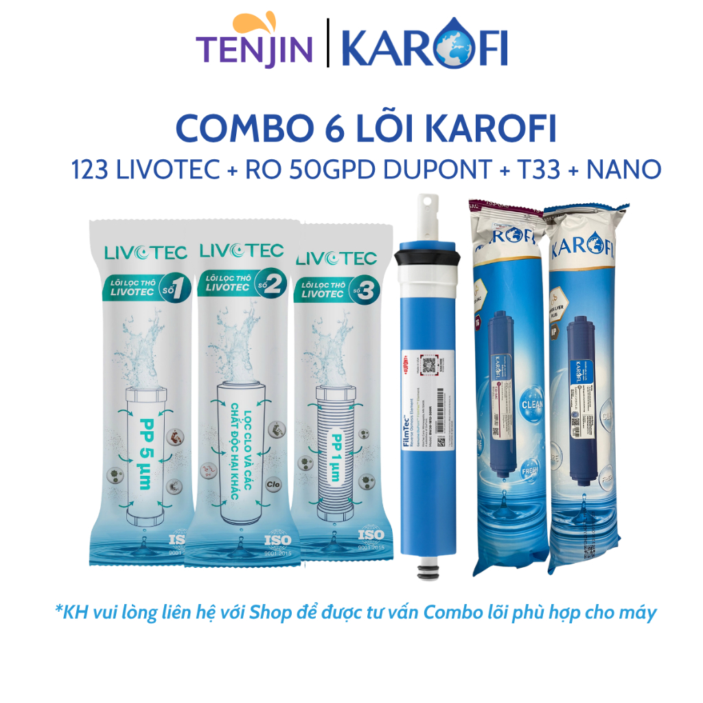 Combo 6 Lõi Lọc Nước Karofi Gồm Lõi 123 Livotec - Màng RO - Lõi Chức Năng T33 Nano