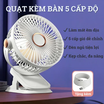 Quạt Kẹp Bàn Tích Điện 5 Tốc Độ Gió Quạt Sạc USB Xoay 720 Độ Lồng Gió Mạnh - Quạt Mini Tích Điện Để Bàn Tiện Lợi