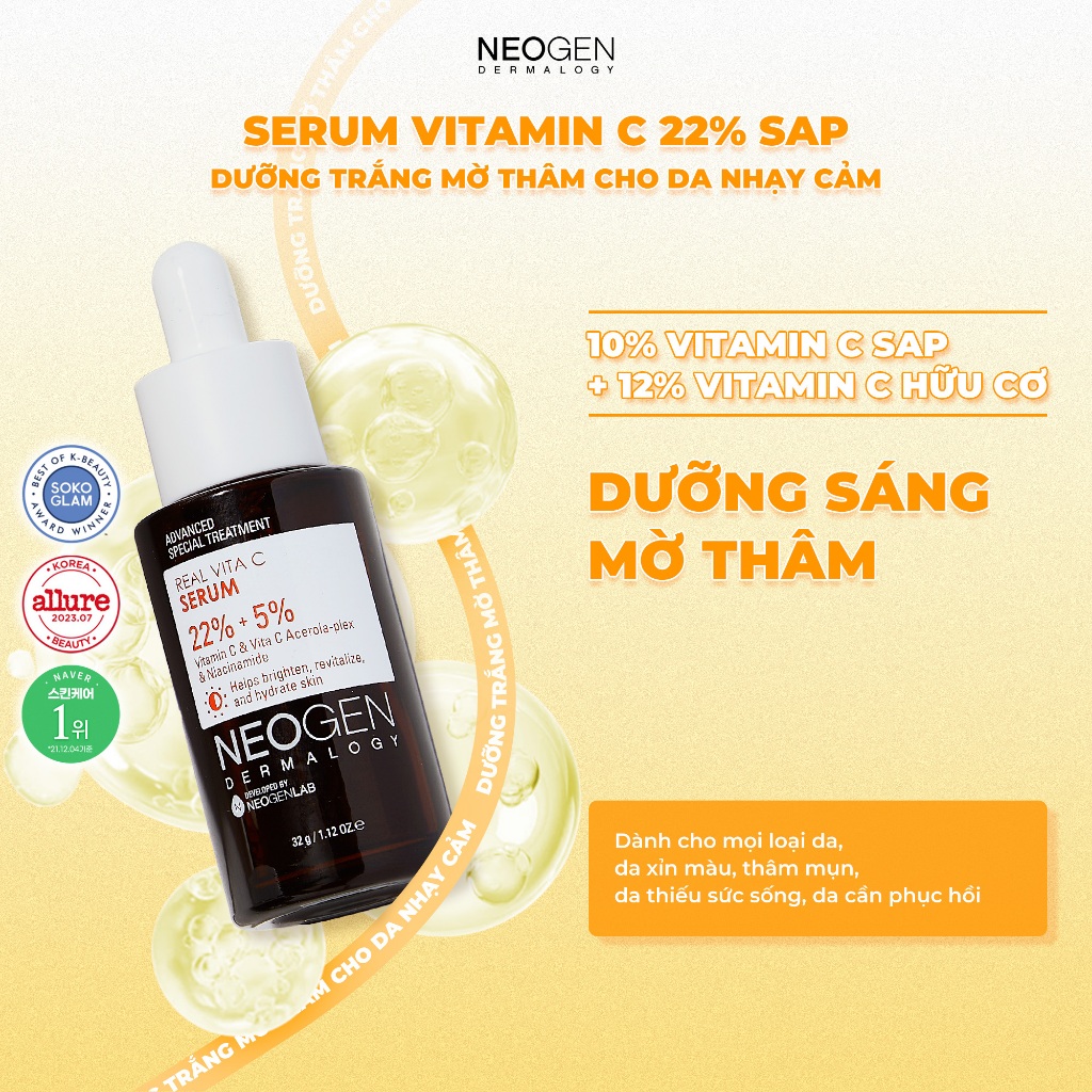 Serum Mờ Thâm Dưỡng Sáng Vitamin C SAP + Niacinamide Neogen Dermalogy Real Vita C 32g