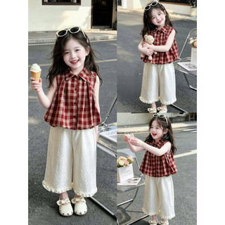 Đồ bộ bé gái, Set áo sơ mi kẻ đỏ kèm quần đũi bèo mềm mát cho bé mặc đi chơi, đi học