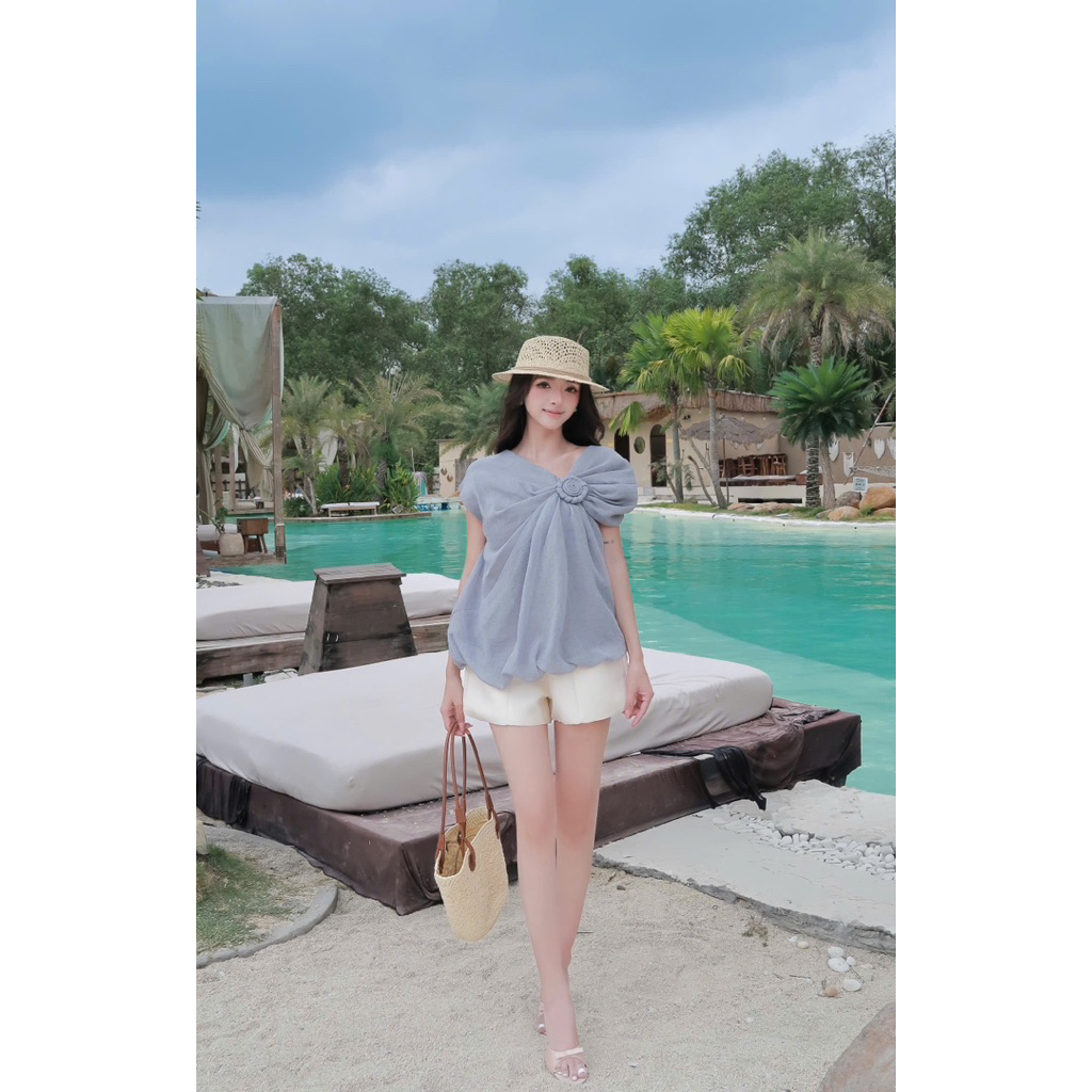 LASY Thời Trang Nữ| Set Áo Lệch Vai Đính Hoa Chất Tơ + Quần Short Tafta