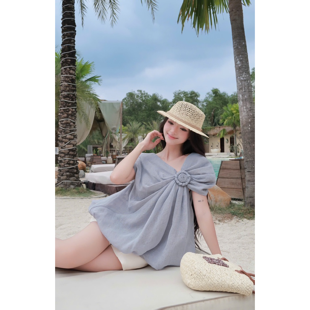 LASY Thời Trang Nữ| Set Áo Lệch Vai Đính Hoa Chất Tơ + Quần Short Tafta
