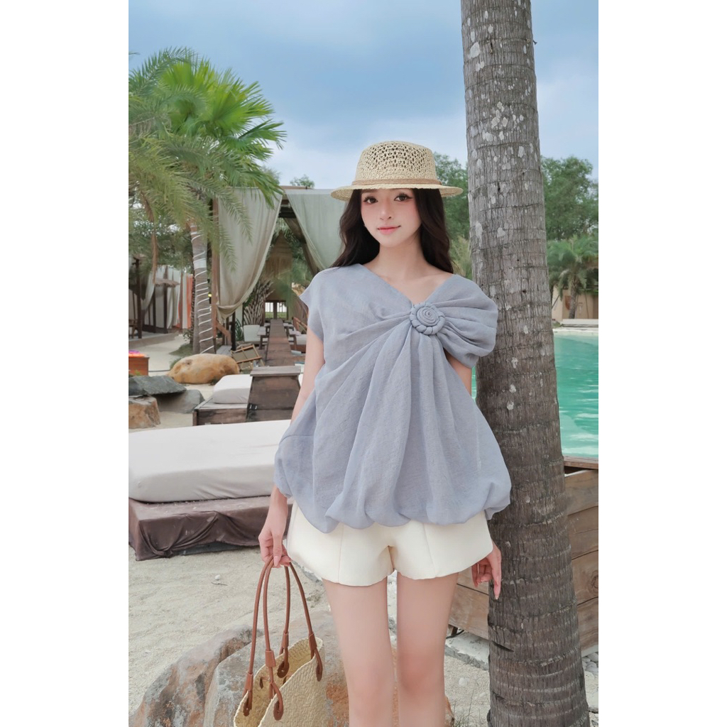 LASY Thời Trang Nữ| Set Áo Lệch Vai Đính Hoa Chất Tơ + Quần Short Tafta