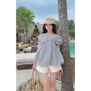 LASY Thời Trang Nữ| Set Áo Lệch Vai Đính Hoa Chất Tơ + Quần Short Tafta