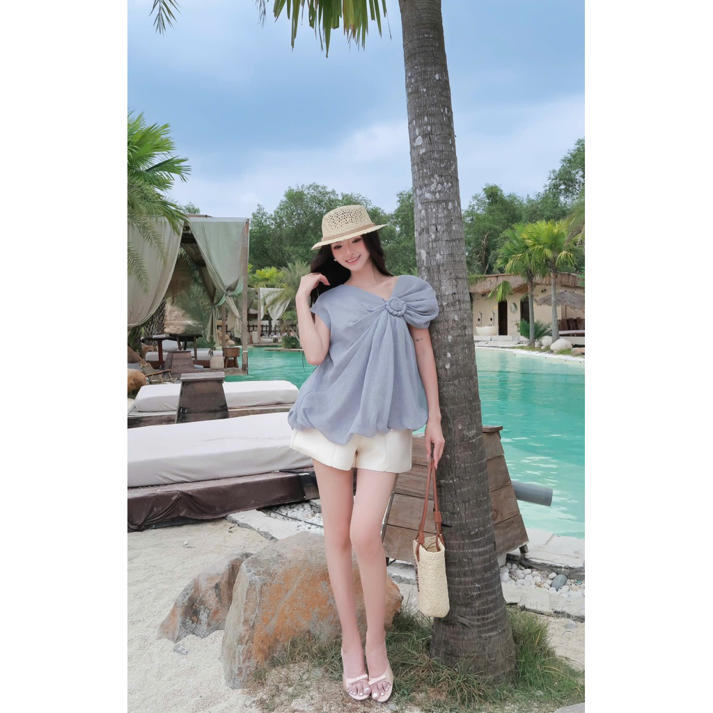 LASY Thời Trang Nữ| Set Áo Lệch Vai Đính Hoa Chất Tơ + Quần Short Tafta