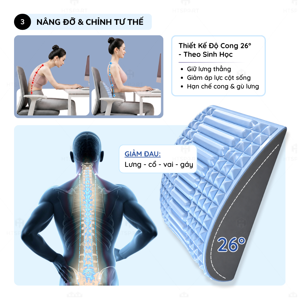 Gối Đệm Massage Giãn Cơ 3 Trong 1, Hỗ Trợ Chỉnh Tư Thế Ngồi Đúng - Giảm Đau Lưng - Mỏi Cột Sống Tiện Dụng