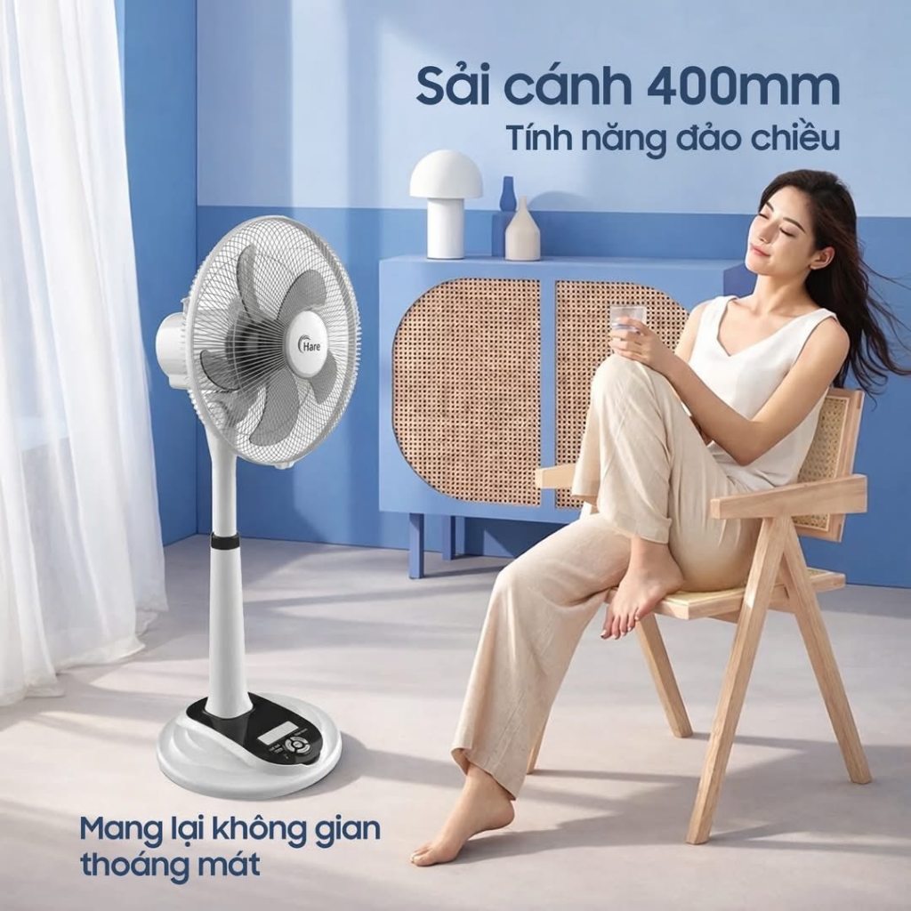 Quạt Tích Điện Hare HR-F6618 Sải Cánh 400mm 9 Cấp Độ Gió Pin 6V4.5Ah Điều Khiển Từ Xa