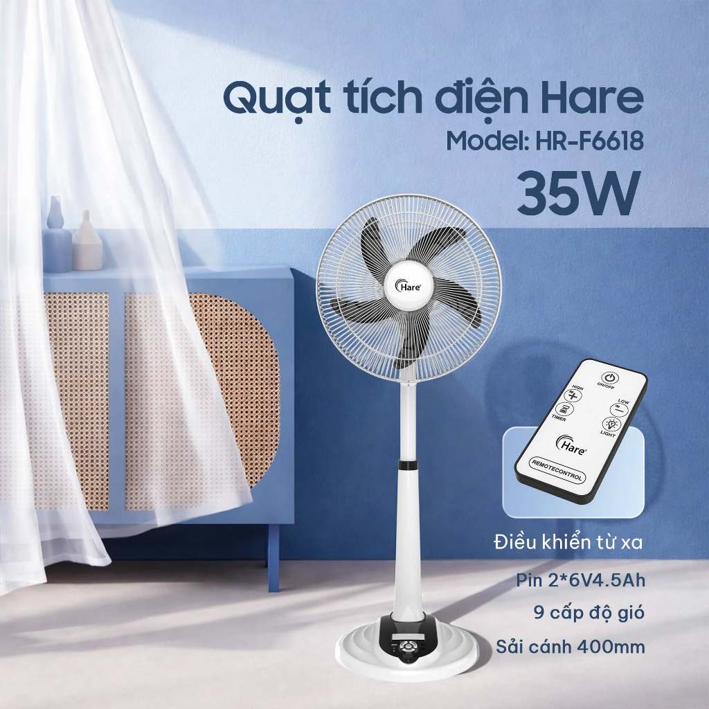 Quạt Tích Điện Hare HR-F6618 Sải Cánh 400mm 9 Cấp Độ Gió Pin 6V4.5Ah Điều Khiển Từ Xa