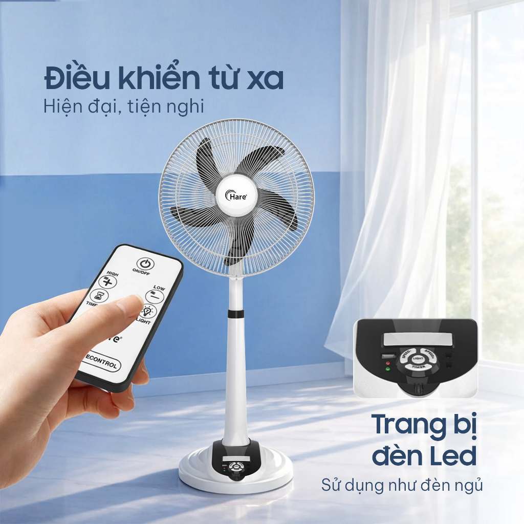 Quạt Tích Điện Hare HR-F6618 Sải Cánh 400mm 9 Cấp Độ Gió Pin 6V4.5Ah Điều Khiển Từ Xa