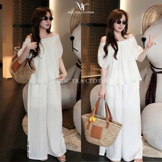 Set bộ trễ vai Loại 1 thiết kế gồm áo trễ vai mix quần suông dài trẻ trung, Set đồ nữ đi biển rẻ đẹp trẻ trung